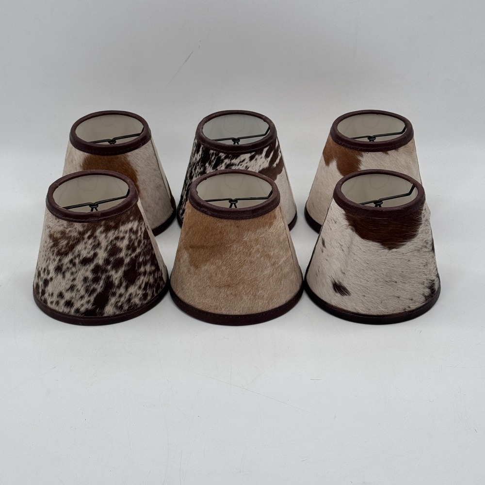 Set of 6 Cowhide Clip-On Chandelier Lamp Shades Western Leather Trim